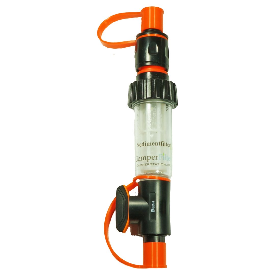 CamperFilter: durchsichtiger Sedimentfilter mit orangefarbenen Kupplungen am Trinkwasserschlauch
